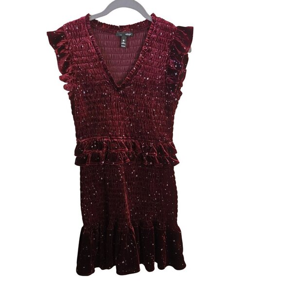 Aqua Burgundy Velvet Smocked Ruffle Metallic Silver Star Mini Dress Size S - Picture 2 of 6